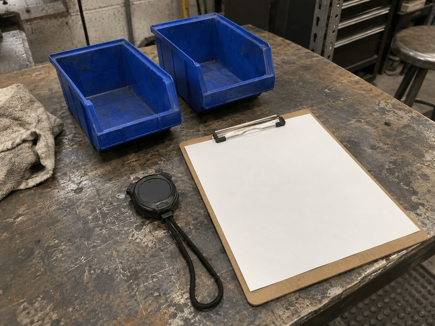 Illustration of empty trays, a clipboard, and a stopwatch on a worn workshop bench
