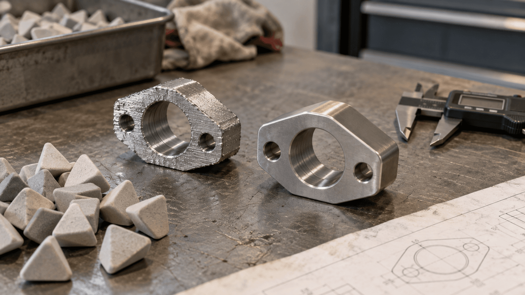 Illustration of metal sample parts, ceramic finishing media and a caliper on a workshop bench