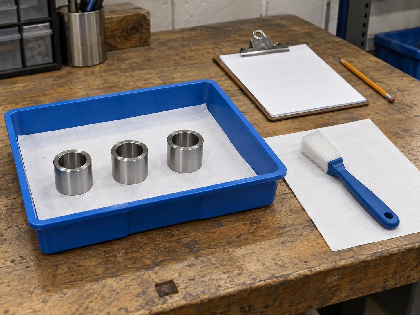 AI illustration of three generic metal sleeves in a lined blue tray beside a brush and blank changeover checklist.