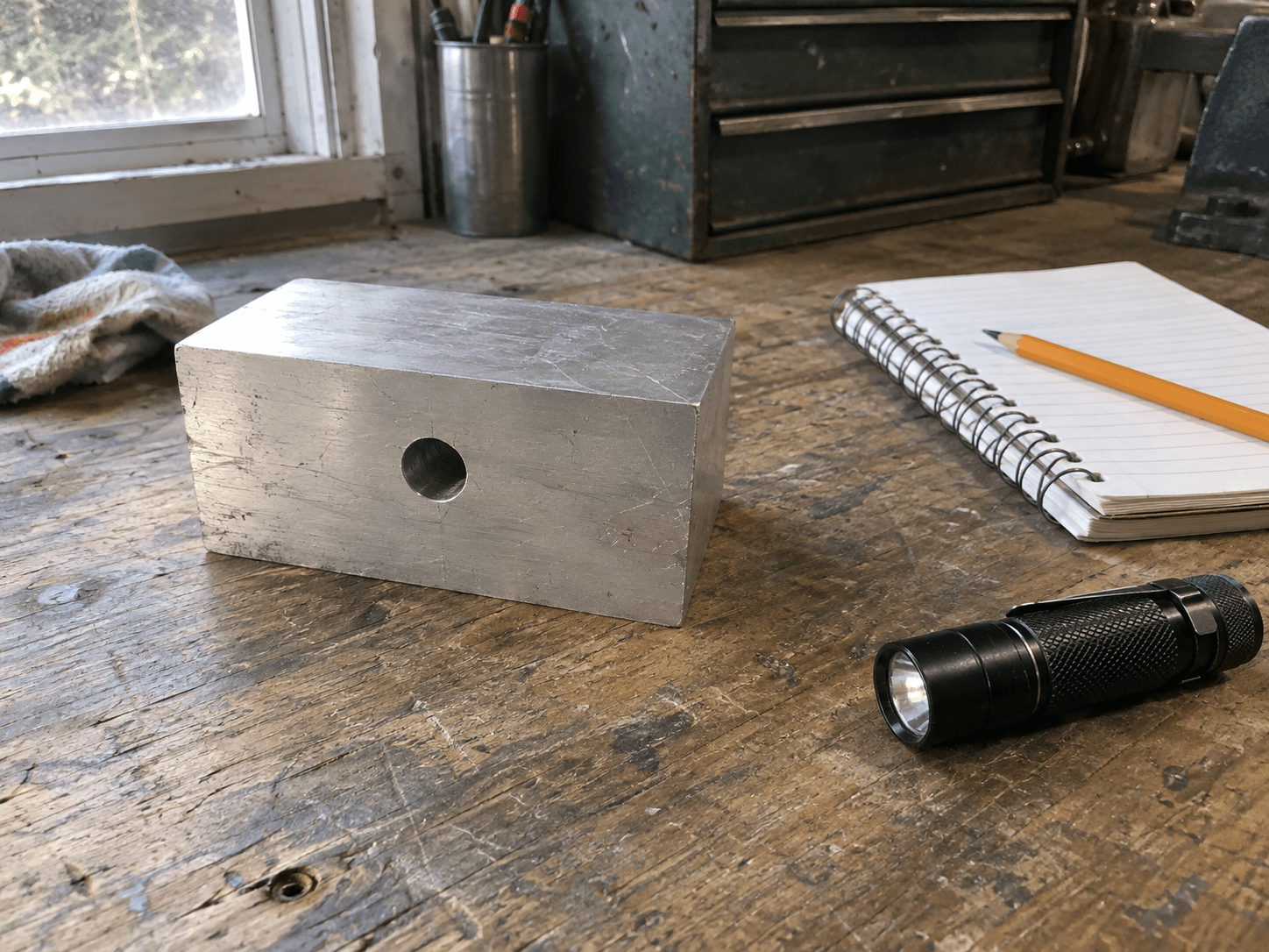 Generic drilled block, flashlight, notebook and pencil on a worn workshop bench.