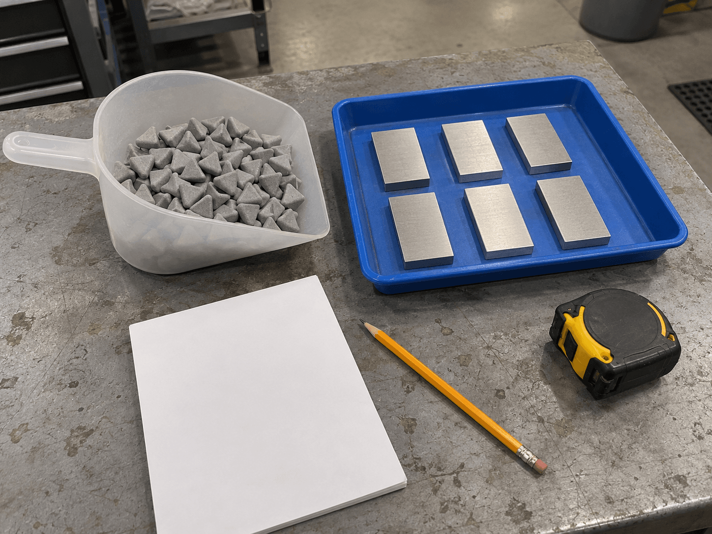 AI illustration of six rectangular metal coupons in a blue tray beside a scoop of ceramic media, blank paper, pencil and a closed tape measure.