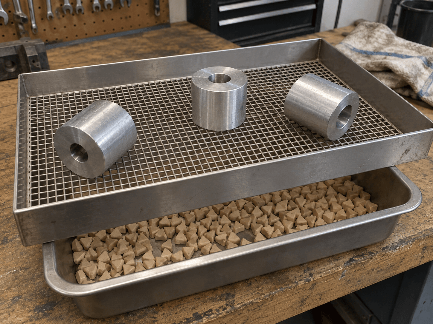 AI illustration of large aluminum parts on a screening tray with ceramic media in a catch pan below.