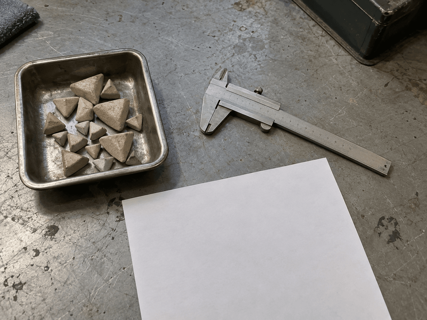AI illustration of generic ceramic media in a tray beside a caliper and blank process sheet.