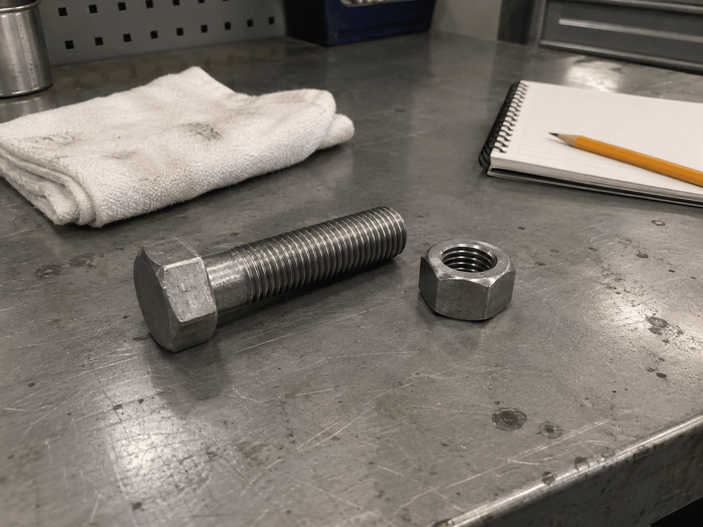 Generic threaded bolt and hex nut beside a cloth and notebook on a workshop bench.