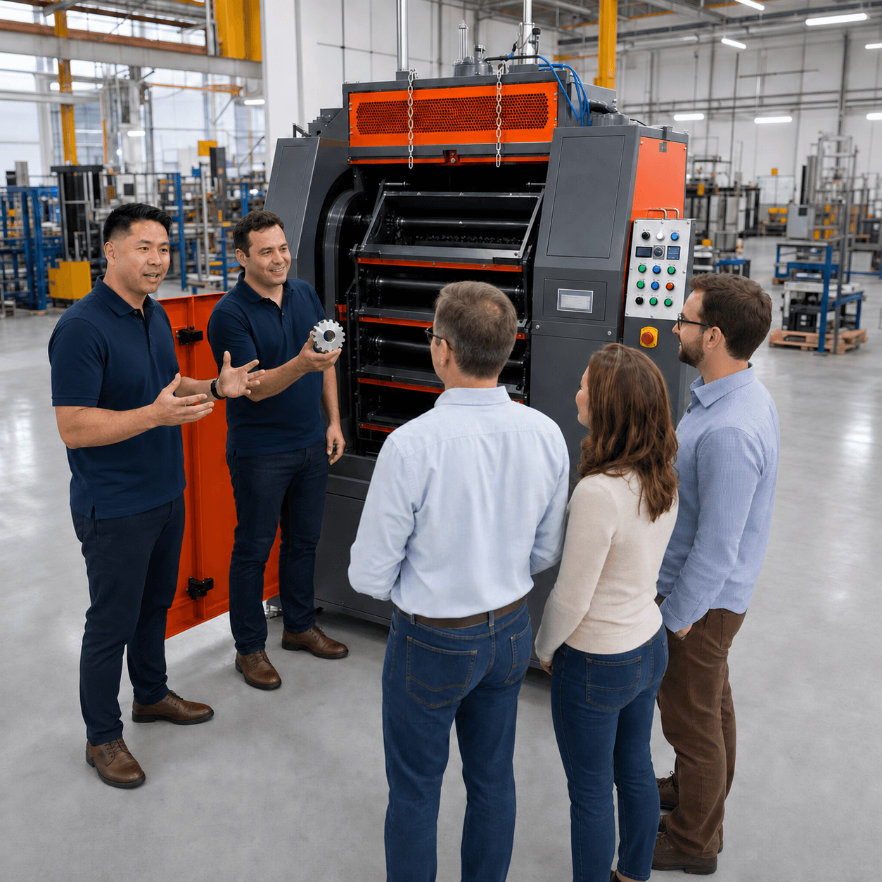 Kevin showing buyers a finished part in front of a Richwood centrifugal barrel finishing machine on the Gardena floor