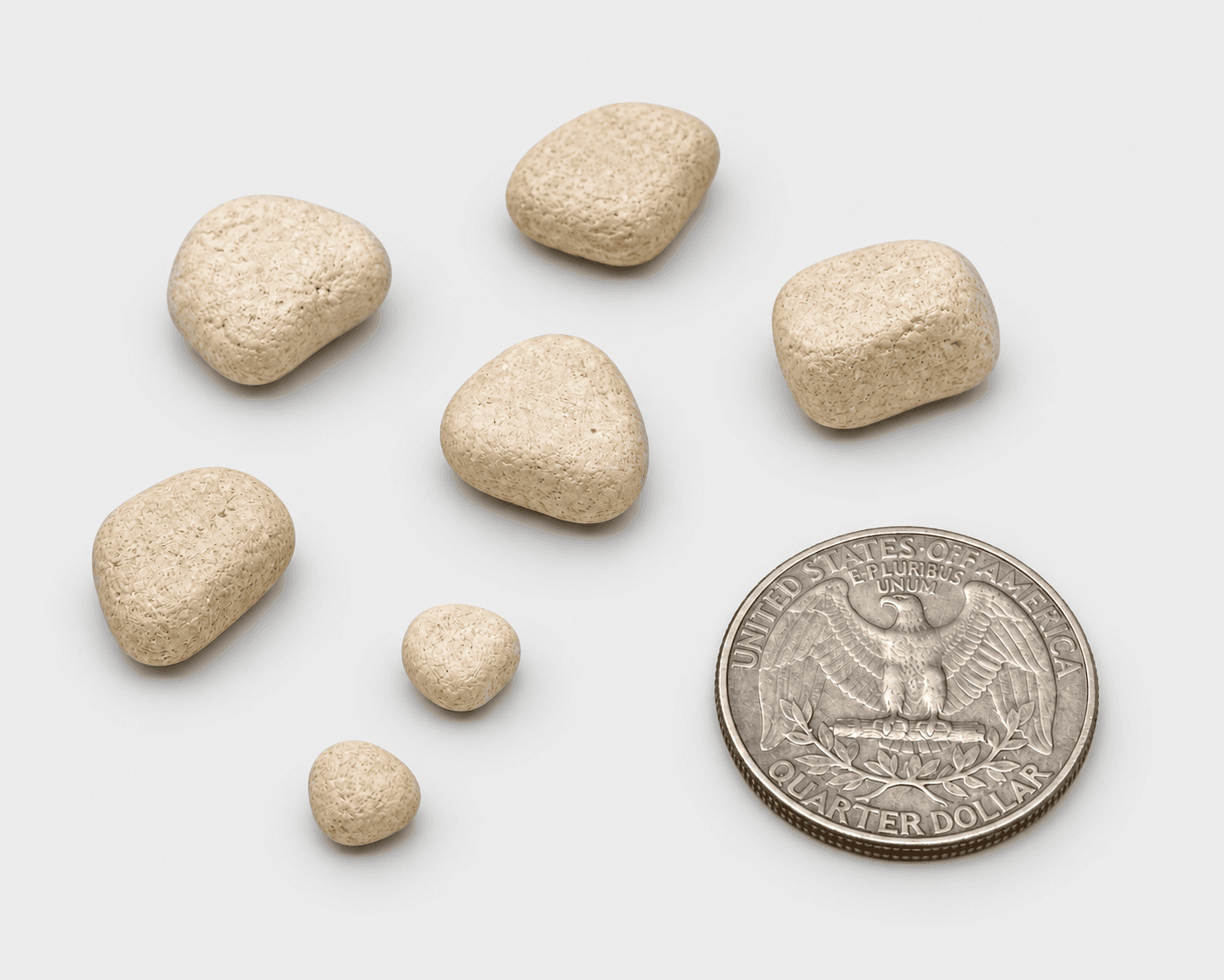 AI-enhanced off-white rounded tumbling nuggets arranged beside a US quarter