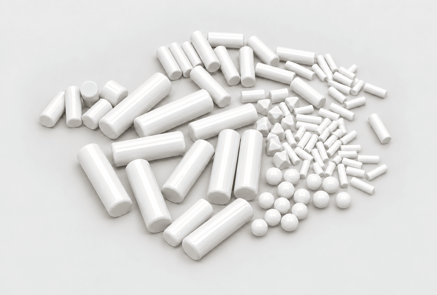 White porcelain polishing pins, balls and triangular media on a light gray background; enhanced supplier photo